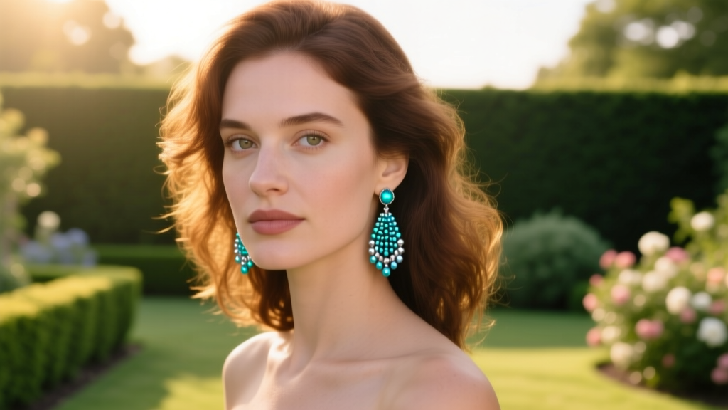 Woman wearing aquamarine and silver blue beaded drop earrings, catching golden hour sunlight in an outdoor portrait setting