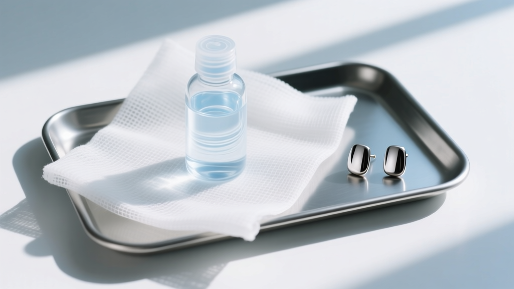 Top-down view of non-woven gauze, a sterile saline bottle, and titanium flat-back earrings resting on a clean metal tray.