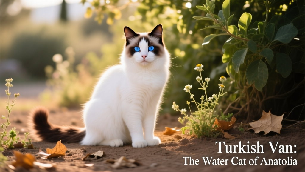 turkish van cat sitting outside on dirt near plants
