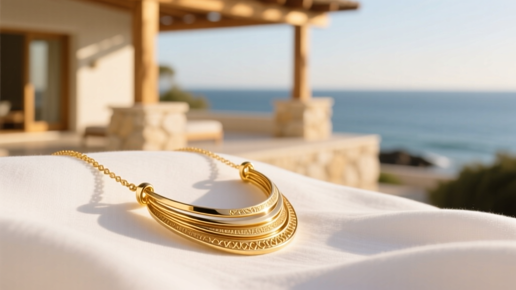 Layered gold pendant necklace on white linen fabric, capturing a resort aesthetic with warm sunlight and sharp macro focus.