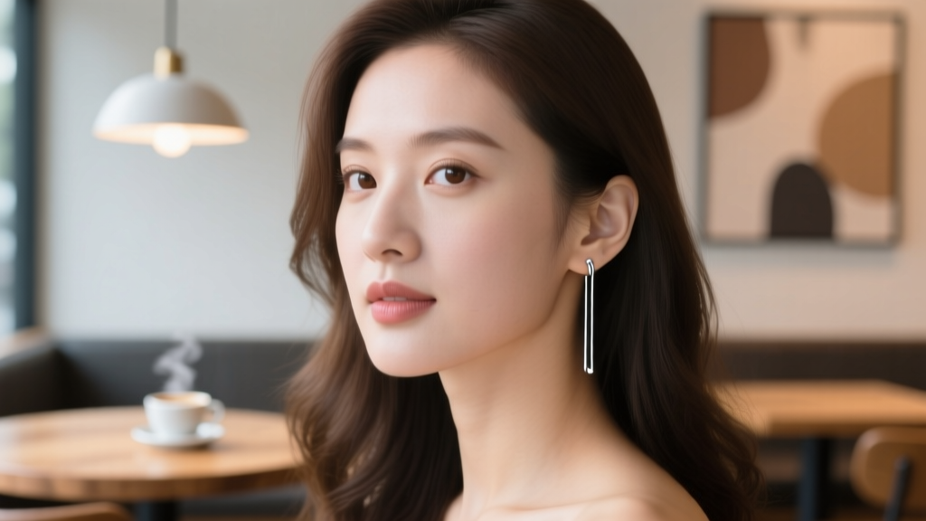 Profile portrait of a woman wearing delicate sterling silver threader earrings against a softly blurred modern cafe background.