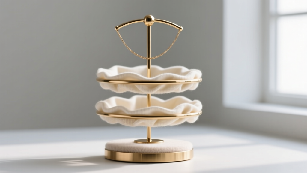 Close-up of brass bracelet necklace holder base with weighted felt bottom and anti-tarnish cloth lining on the hanging tiers