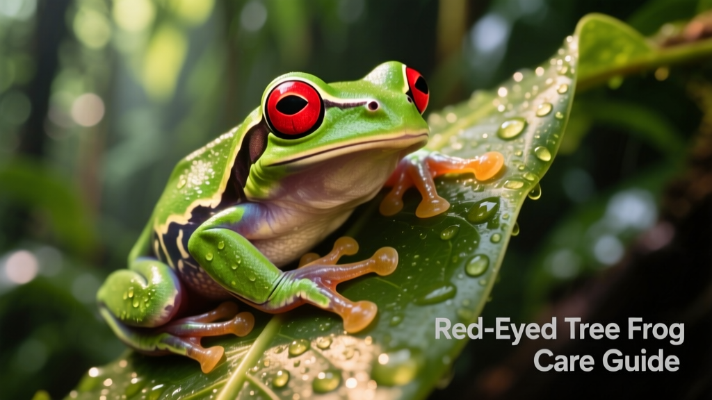Close-up of a red-eyed tree frog clinging to a leaf, showcasing its bright red eyes and vivid green body