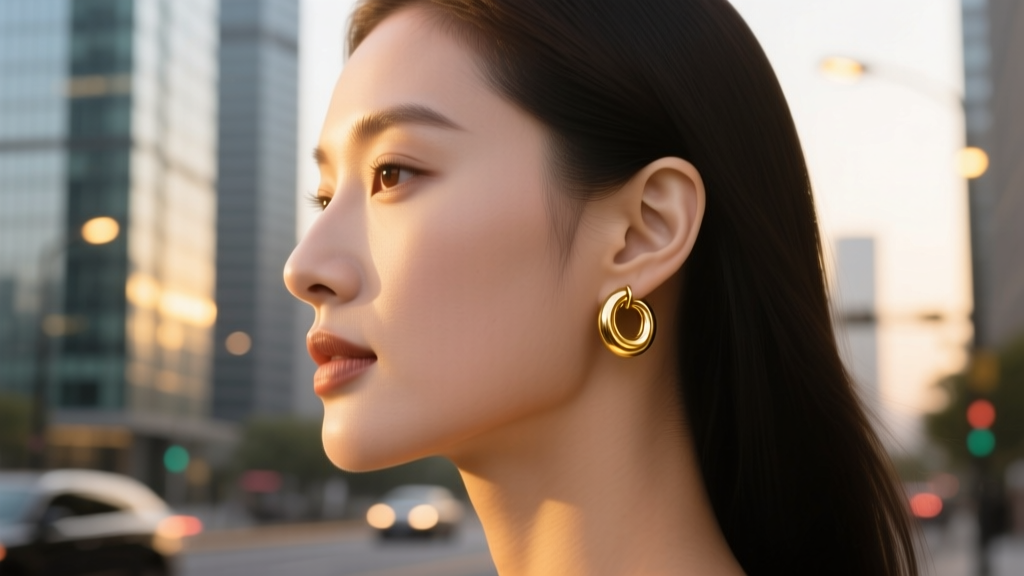 Side profile of a woman wearing a classic 12mm gold huggie earring in a standard lobe piercing, blurred urban background