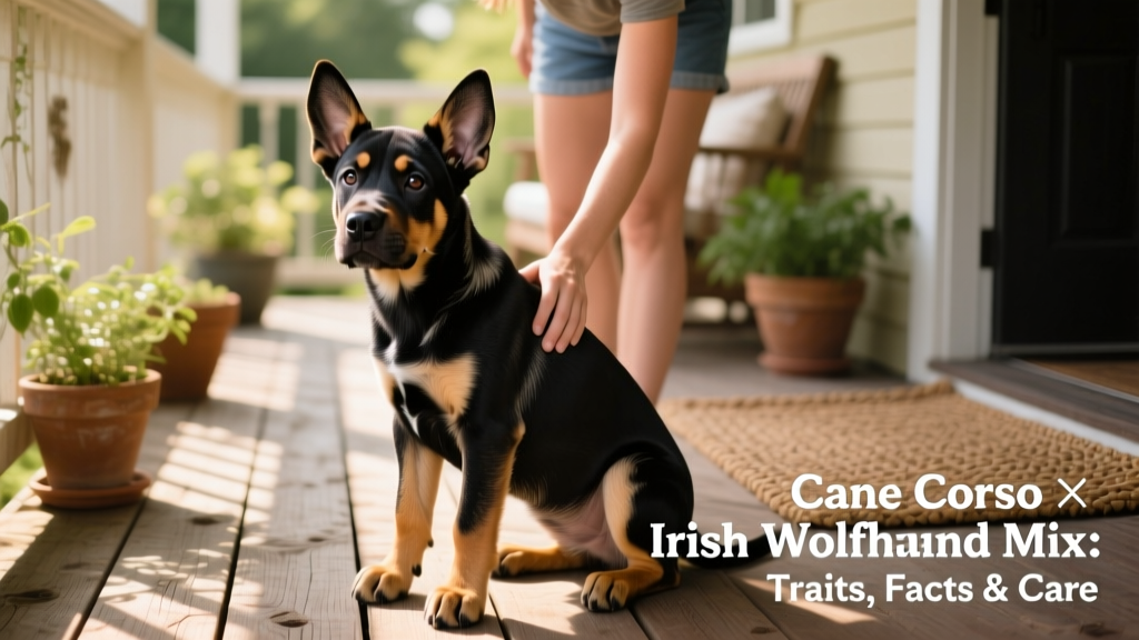 A young Cane Corso Irish Wolfhound mix puppy sitting attentively beside its owner on a sunlit porch