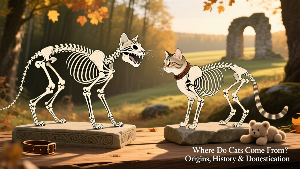 Side-by-side illustration comparing skeletal features of a wildcat and a domestic cat