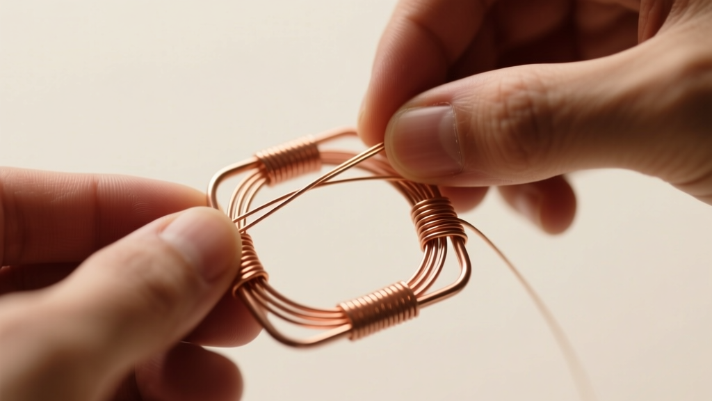 Macro shot of hands weaving 28-gauge dead soft copper wire around a 20-gauge copper core frame under warm studio lighting.