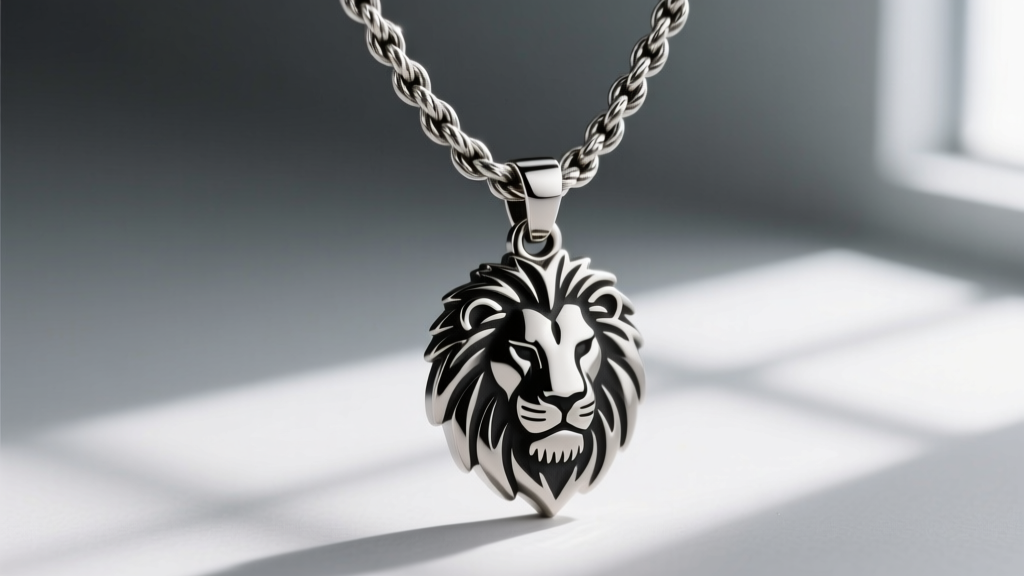 Close-up of a heavy 4mm stainless steel rope chain threading through the bail of a matte-finished 316L steel lion medallion necklace