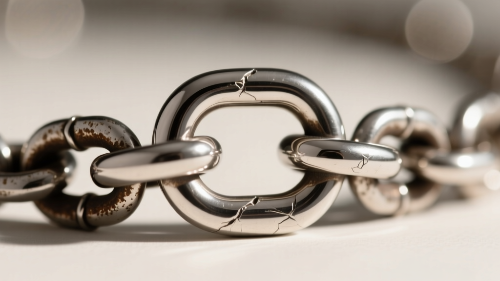 Macro shot of a sterling silver chunky toggle clasp showing slight oxidation patina in the crevices of interlocking chain links.