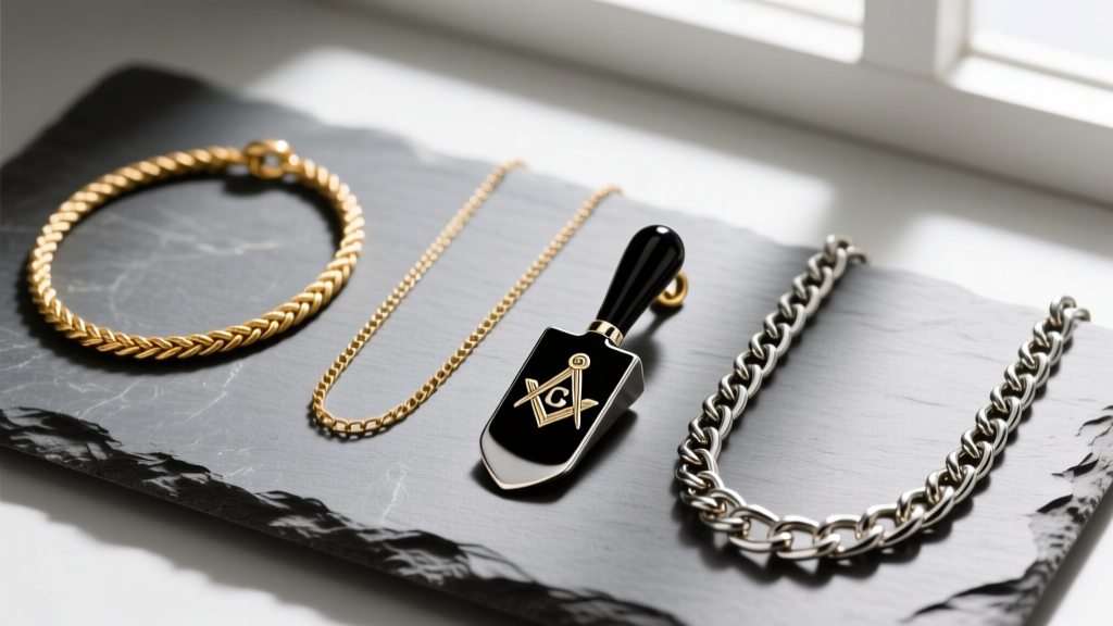 Flat lay of three mens necklace chains: a 3mm rope, 2mm box, and 4mm curb, beside a black enamel Masonic trowel pendant on slate.