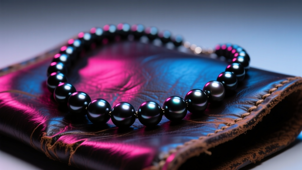 Dark Tahitian black pearl necklace draped over vintage leather, illuminated by moody neon stage lighting in a dramatic close-up.
