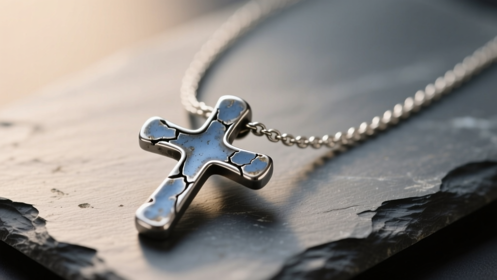 Tarnished silver aesthetic cross necklace on slate, showing oxidized crevices and subtle grime under soft, warm studio lighting