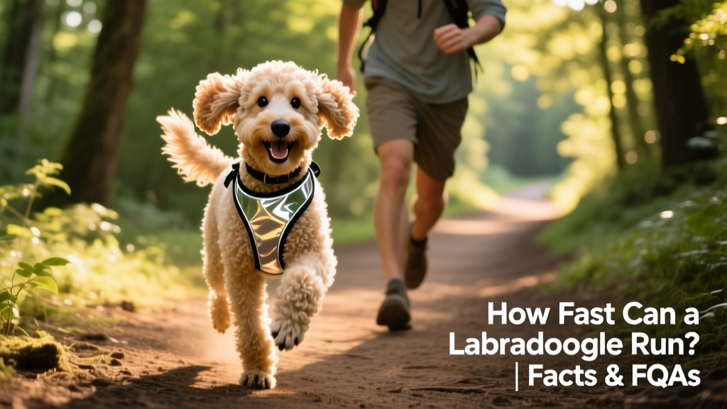 A happy Labradoodle wearing a reflective harness, trotting beside its owner on a sunny trail