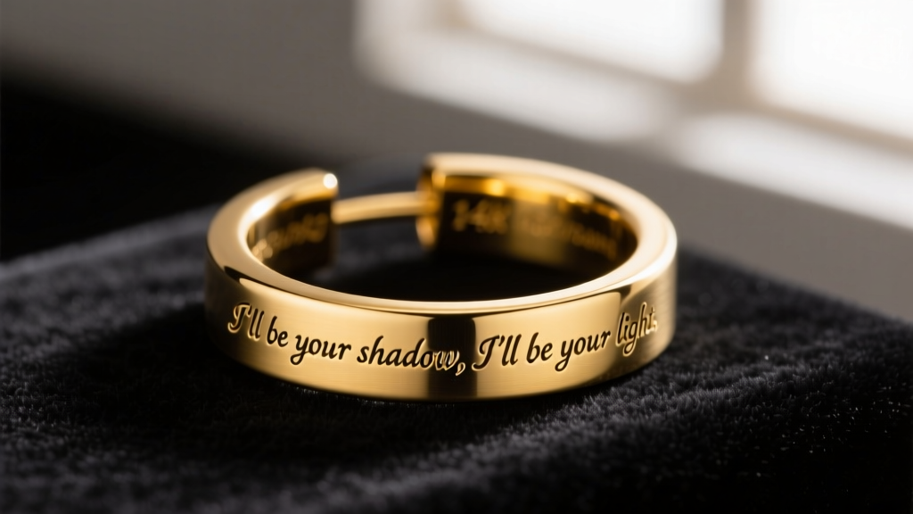 Macro shot of a 14k yellow gold tube hoop earring with laser-engraved song lyrics resting on dark velvet under soft lighting