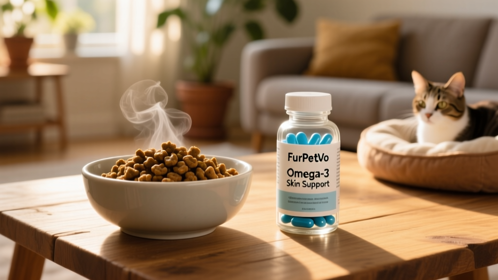 Side-by-side comparison: a bowl of high-quality cat food rich in omega-3s and a supplement bottle labeled 'FurPetVo Omega-3 Skin Support'