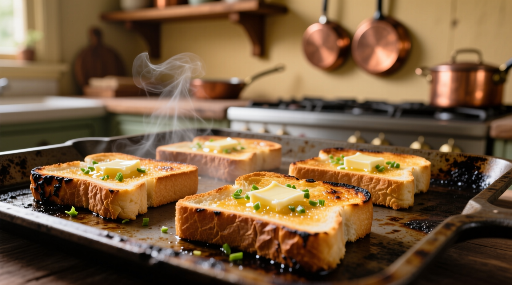 Costco garlic toast golden brown slices on baking sheet