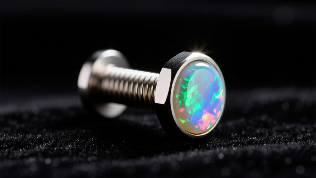 Macro shot of a titanium flat back post with an opal end on dark velvet under bright light, showing internal threading details.