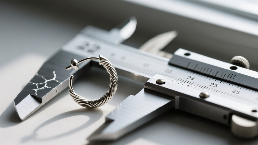 Close-up of a bent 22-gauge silver earring post beside a caliper, showing metal fatigue and thin wire issues in budget jewelry.