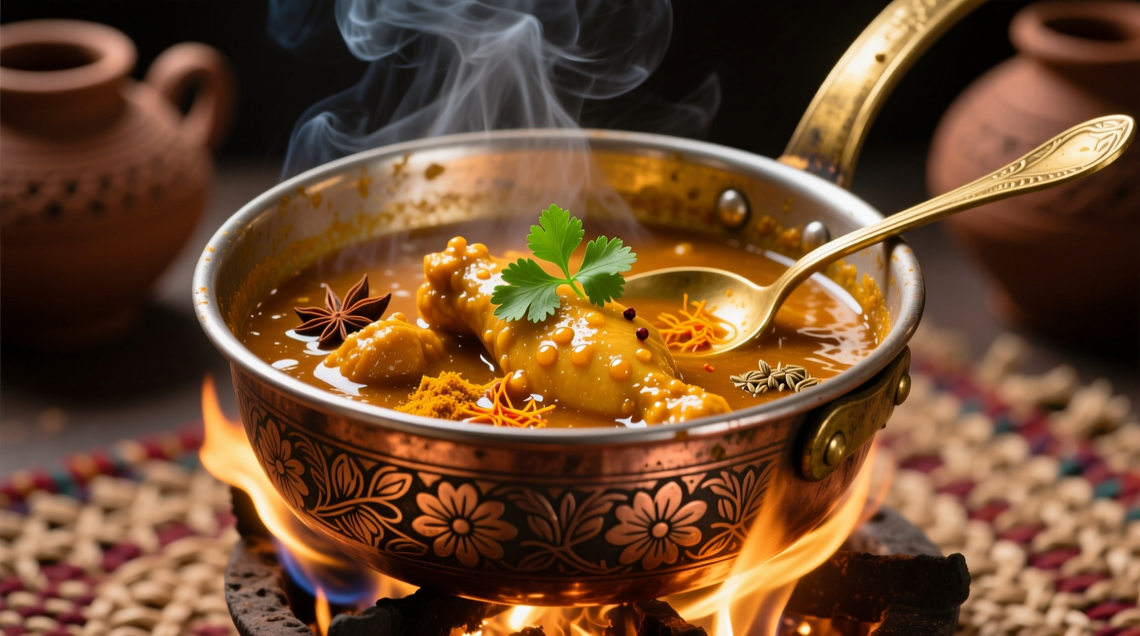 Golden butter chicken simmering in copper pot