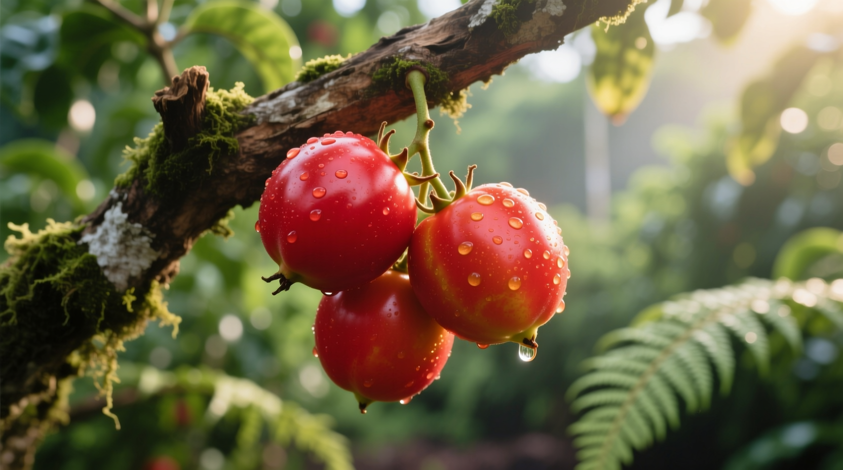 Ripe red tamarillos hanging on tree branch