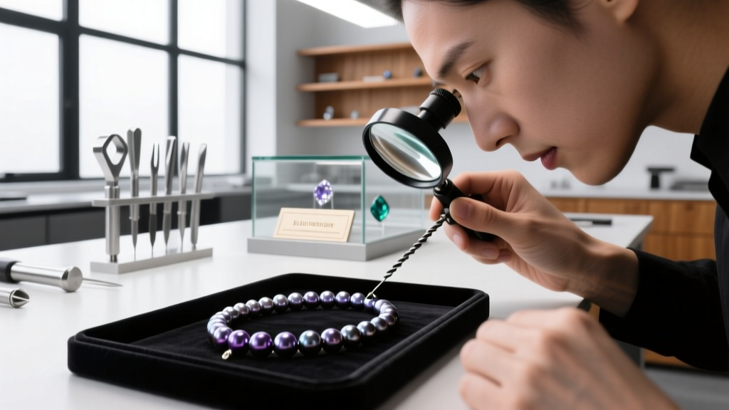 Jeweler using a loupe to inspect the drill hole of a dark pearl strand to check for dye concentration in a brightly lit workshop