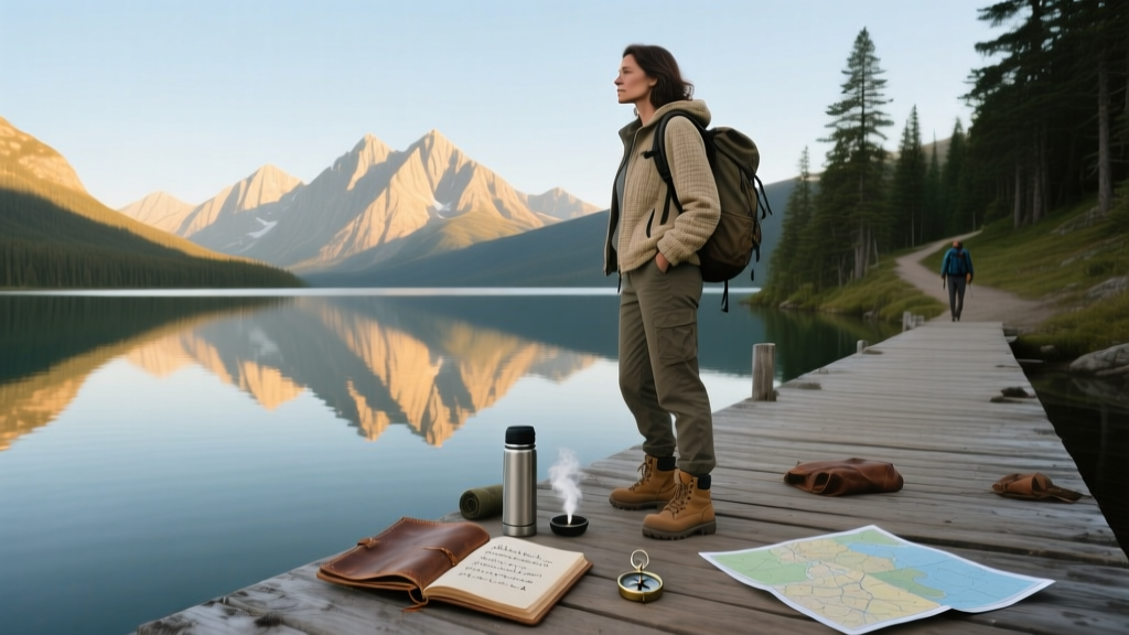 a woman standing at the end of a dock overlooking an alpine lake