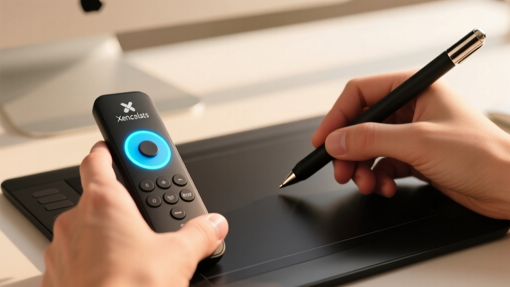 Hand resting on the Xencelabs Quick Keys remote with its glowing OLED dial, while the other hand holds a drawing stylus.