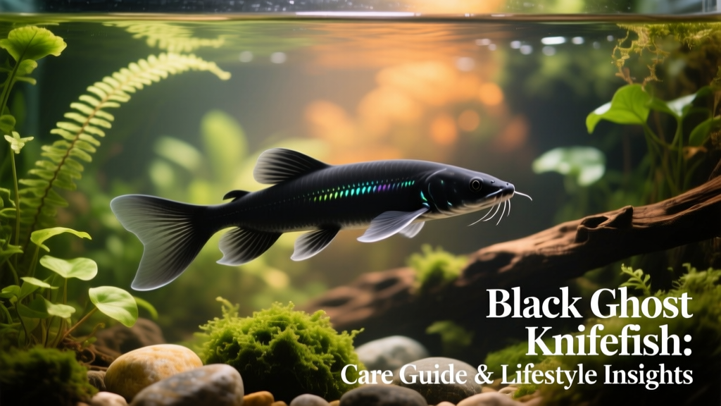 Black Ghost Knifefish gliding gracefully in a planted freshwater aquarium with soft lighting