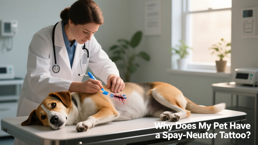Veterinarian applying a small blue tattoo near a surgical incision on a dog's abdomen