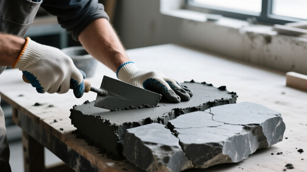 Mason applying dark gray mortar to irregular Mason's Mark stone veneer pieces on an exterior cinder block wall with a trowel