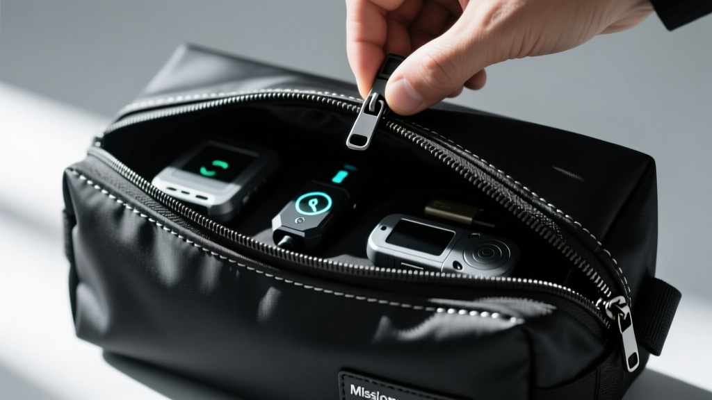 Close-up of a Mission Darkness Faraday bag being sealed to store sensitive spy gadgets and personal tracking devices
