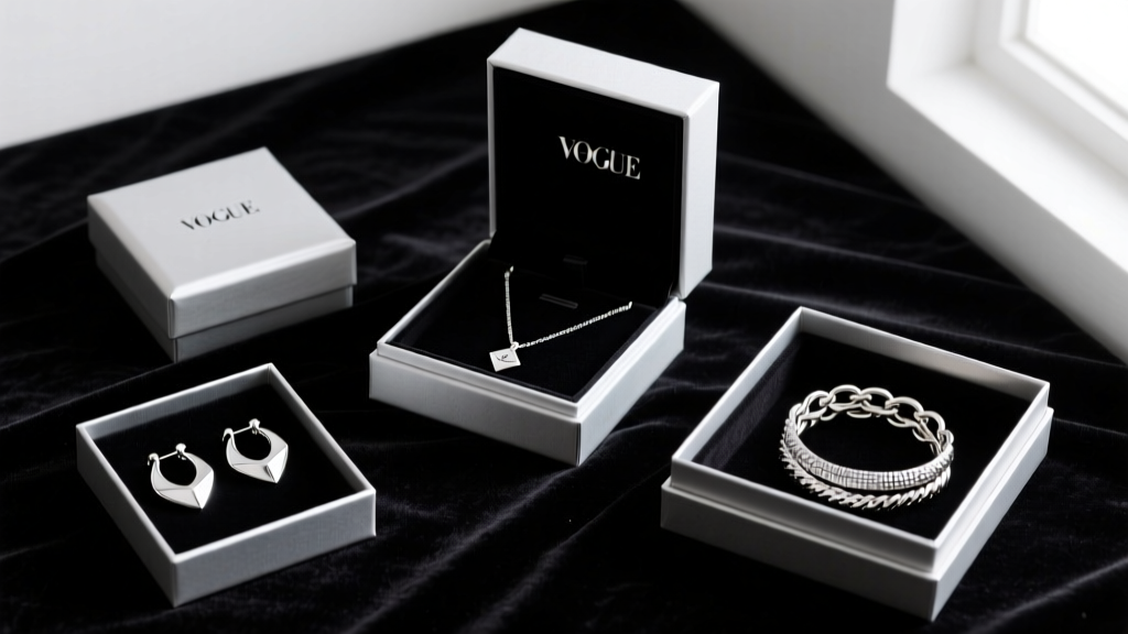 Flat lay of boutique gift boxes with 925 silver hoop earrings, delicate chain necklaces, and layered bracelets on dark velvet.