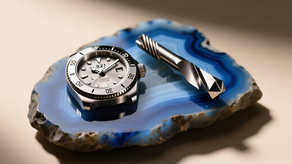 Overhead view of a polished S2 steel bezel pusher and a tungsten carbide burr resting on raw blue chalcedony, studio lighting