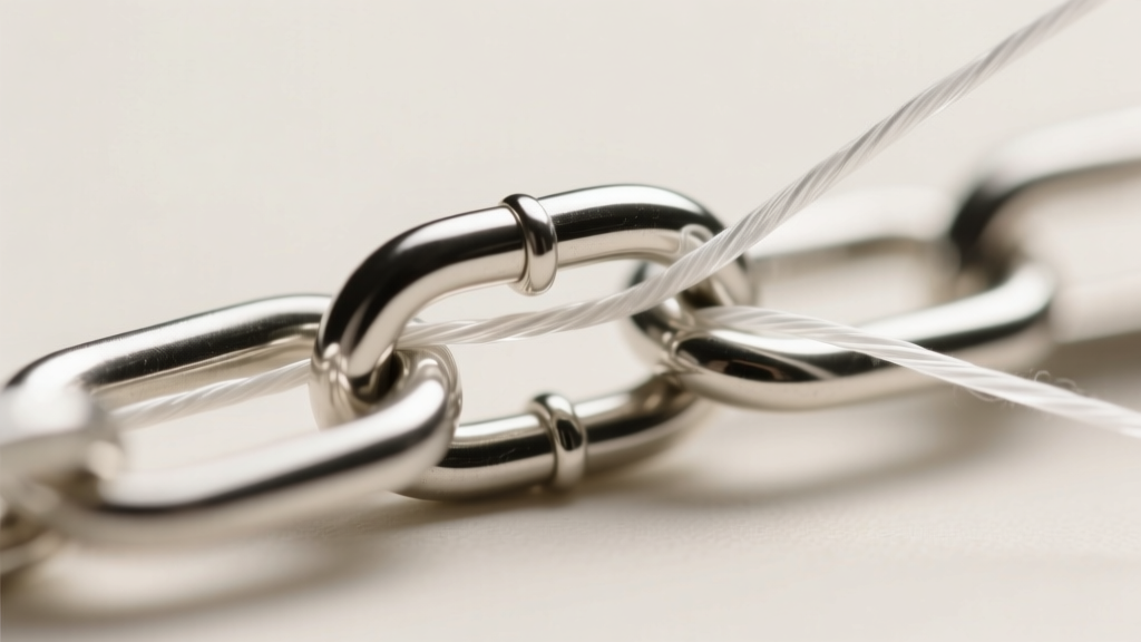 Macro shot of clear elastic thread securely looping through a 2mm sterling silver rolo chain link to neatly gather excess length