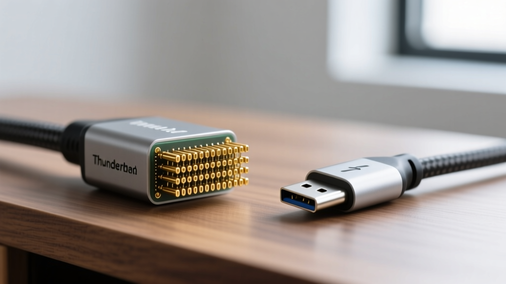 Macro shot comparing active Thunderbolt 4 cable pins and passive USB-C charging cable pins showing density differences on a desk