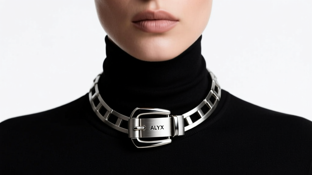 Heavy silver ALYX rollercoaster buckle necklace on a black turtleneck, highlighting the metallic texture and clasp.
