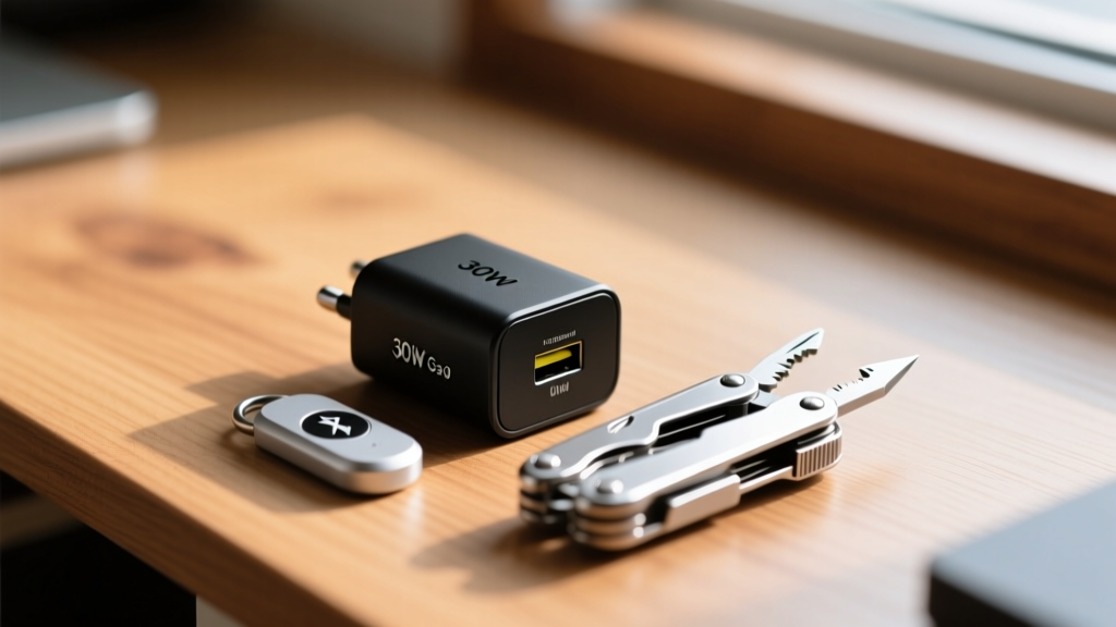 Close-up of an everyday carry pocket dump featuring a compact 30W GaN charger, a Bluetooth tracker, and a multi-tool on a wooden desk.