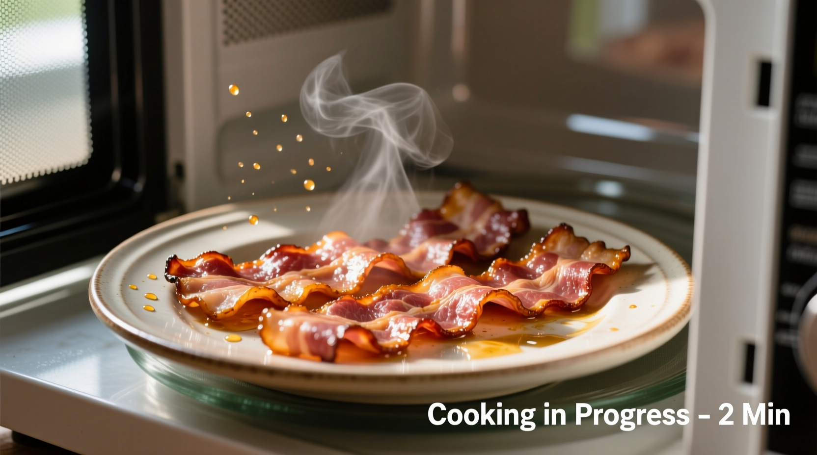 Microwave bacon cooking process on plate