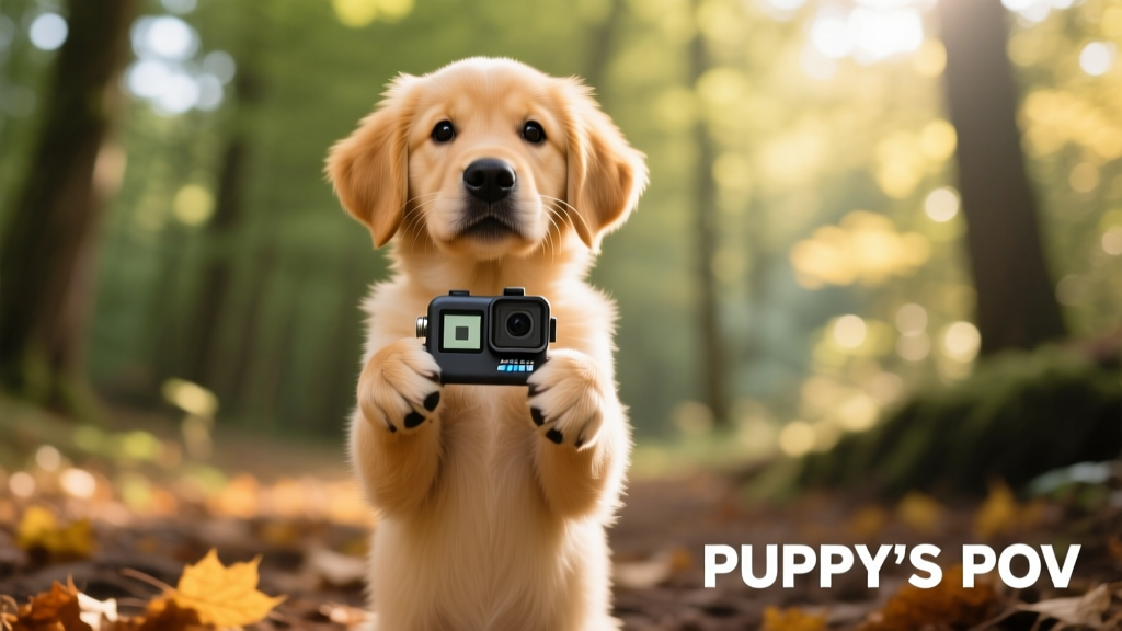 Golden Retriever puppy standing upright, gently holding a small action camera with both paws