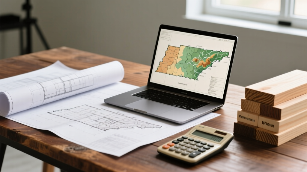 Architectural blueprints spread on a wooden table next to a laptop showing Tennessee topography, a calculator, and stacked lumber samples