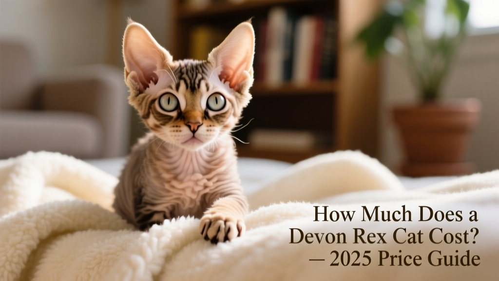 Close-up portrait of a playful Devon Rex kitten with large ears and curly fur, sitting on a soft blanket
