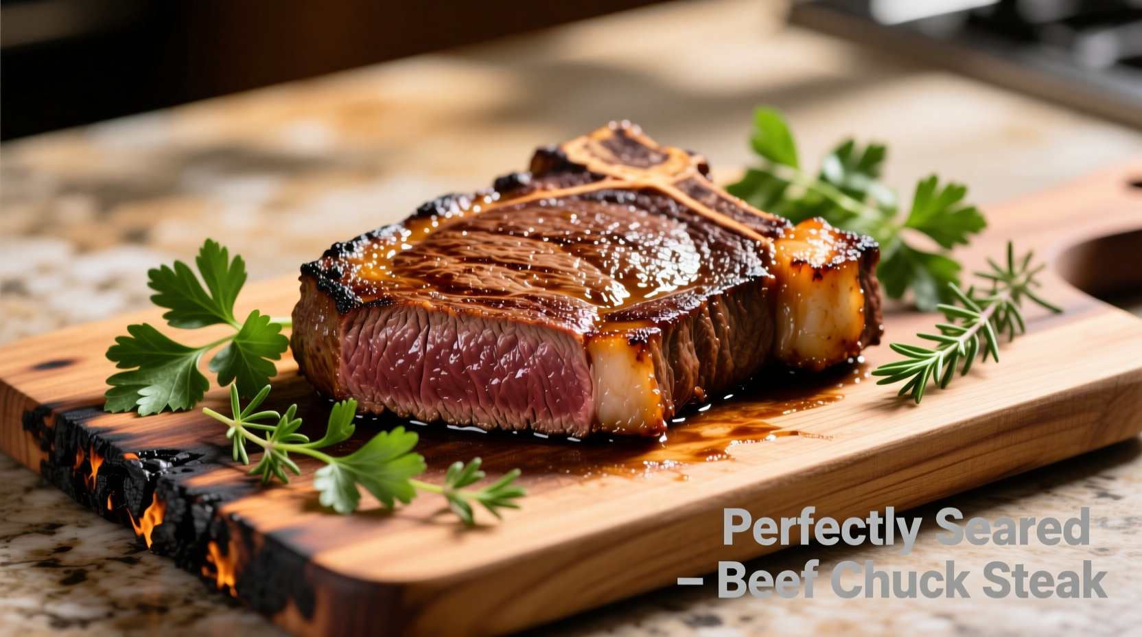 Perfectly seared beef chuck steak with herb garnish