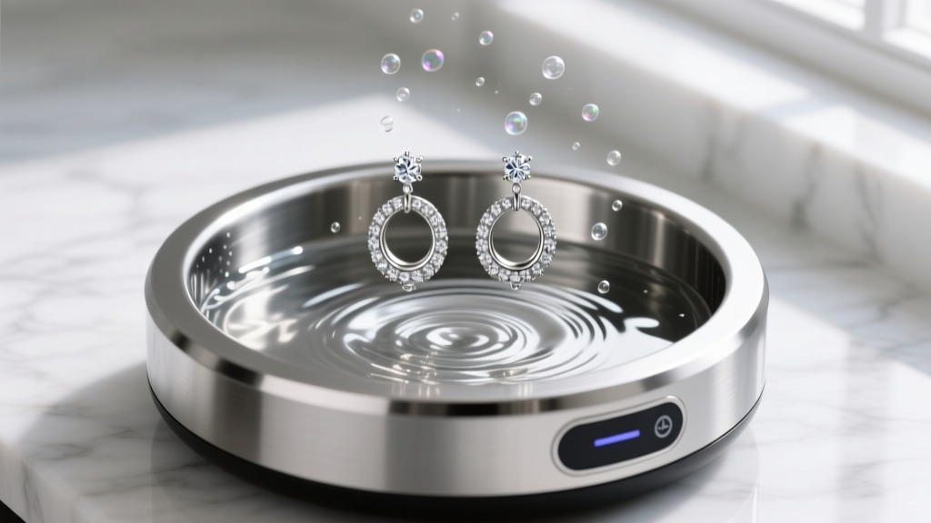 Stainless steel ultrasonic jewelry cleaner vibrating with water, cleaning a pair of intricate diamond pavé huggie earrings inside.