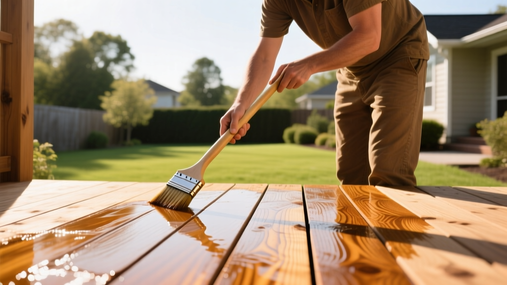 Homeowner applying clear penetrating sealer to a weathered cedar wood deck surface using a long-handled brush on a sunny afternoon