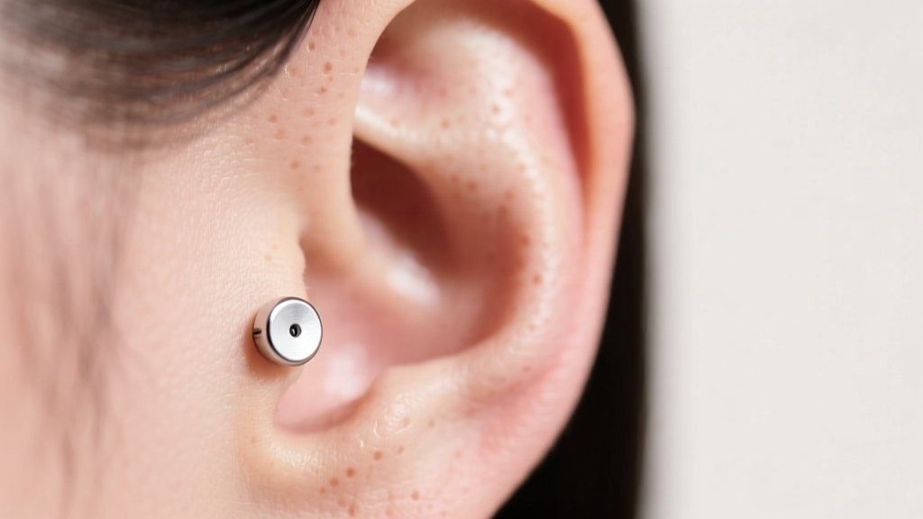 Macro shot of an earlobe wearing a small round silver magnetic lymphatic stud, soft studio lighting highlighting the skin texture
