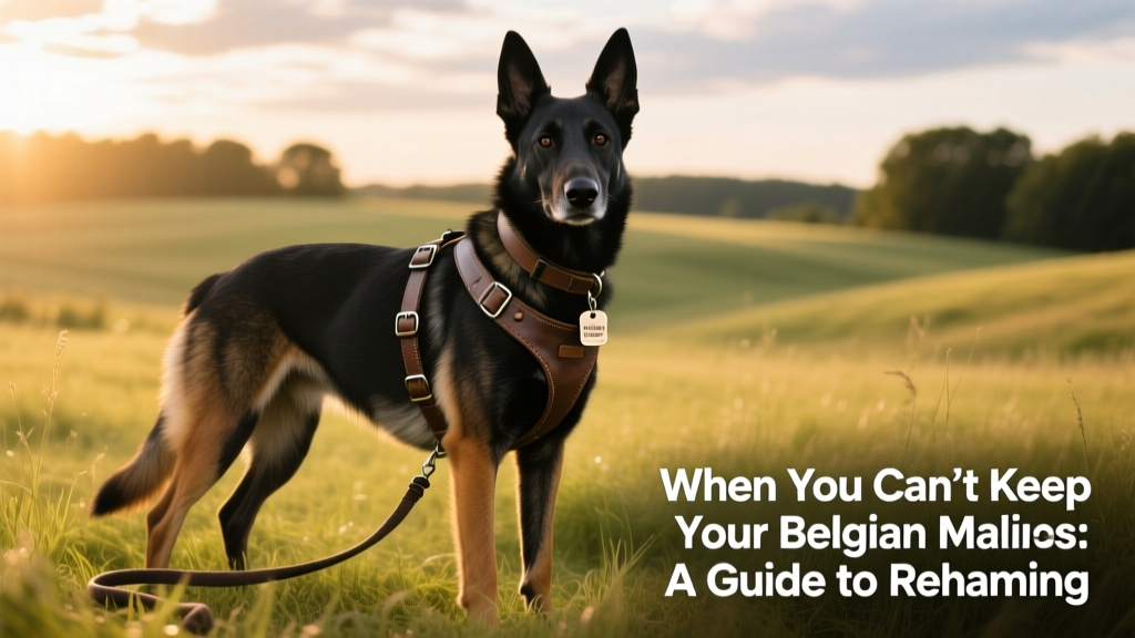 A confident, alert Belgian Malinois standing attentively in a grassy field with a harness and leash