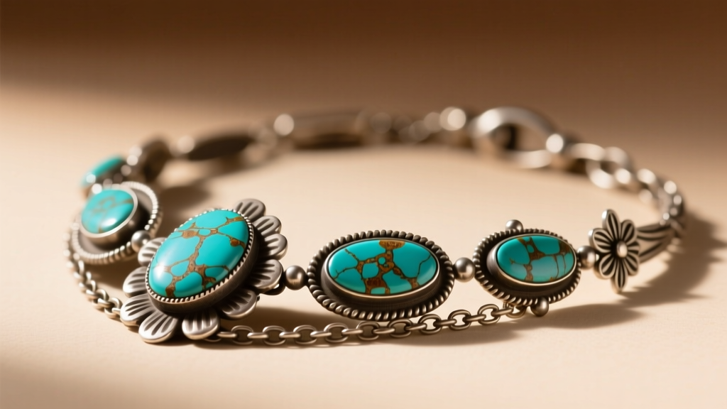 Close-up of a vintage Native American squash blossom necklace with patinated sterling silver and natural turquoise cabochons.