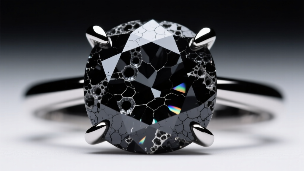 Macro shot of natural carbonado black diamond in matte black rhodium prongs, revealing porous polycrystalline surface texture details