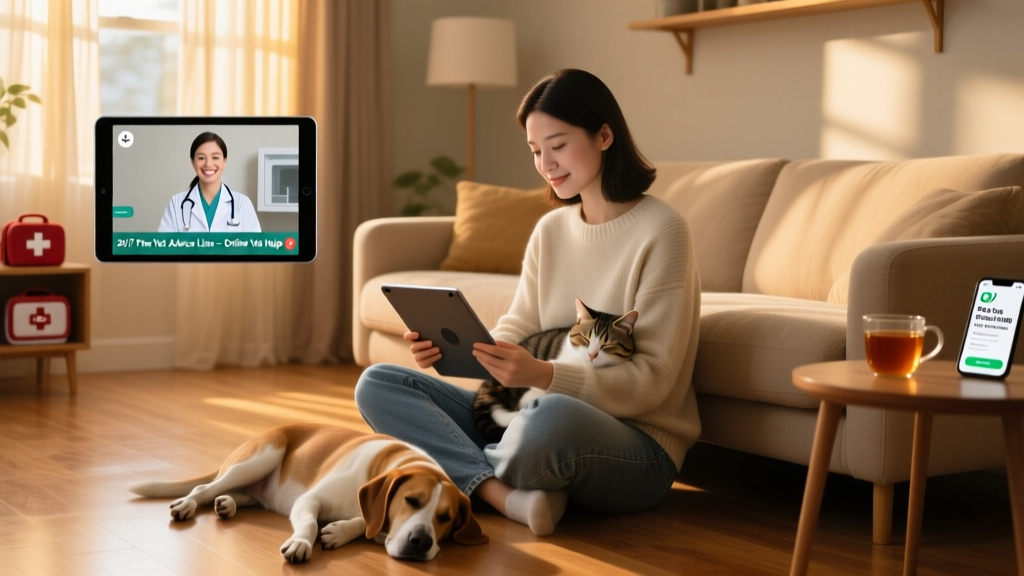 Illustration of a pet sitter using a tablet to initiate a video consultation with a veterinary nurse while caring for a calm dog and cat in a sunlit living room