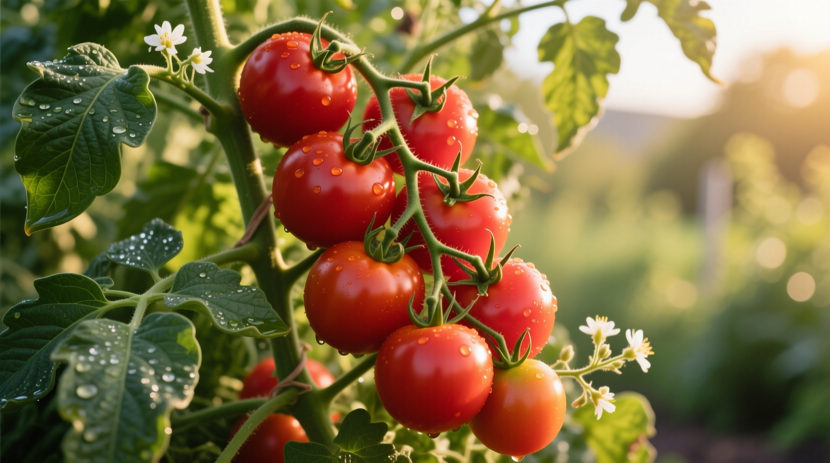 Ripe Galahad tomatoes on vine with healthy foliage